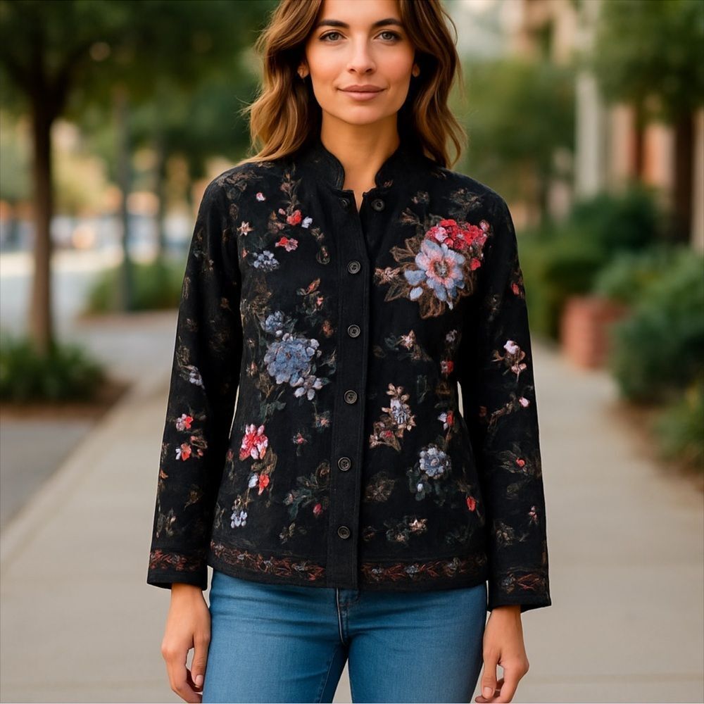 Denim & Co. Floral Embroidered Black Jean Jacket sz Medium